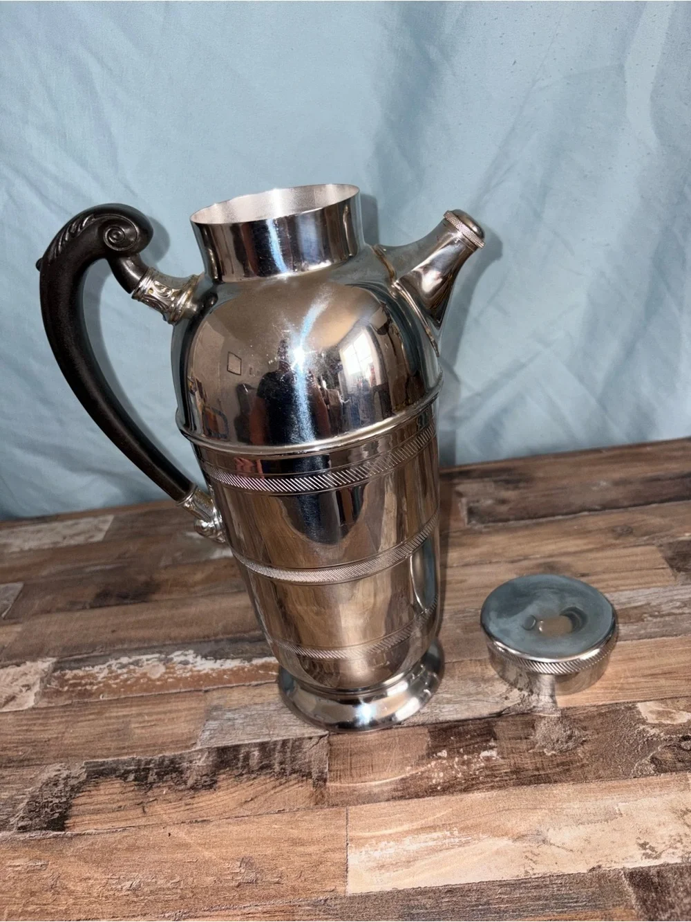 Vintage Farber Bros Polished Silver Cocktail Shaker with Black Sculpted Handle